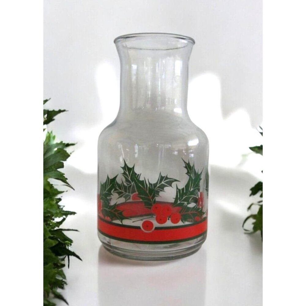 Holiday Glass Carafe With Holly Berry Design